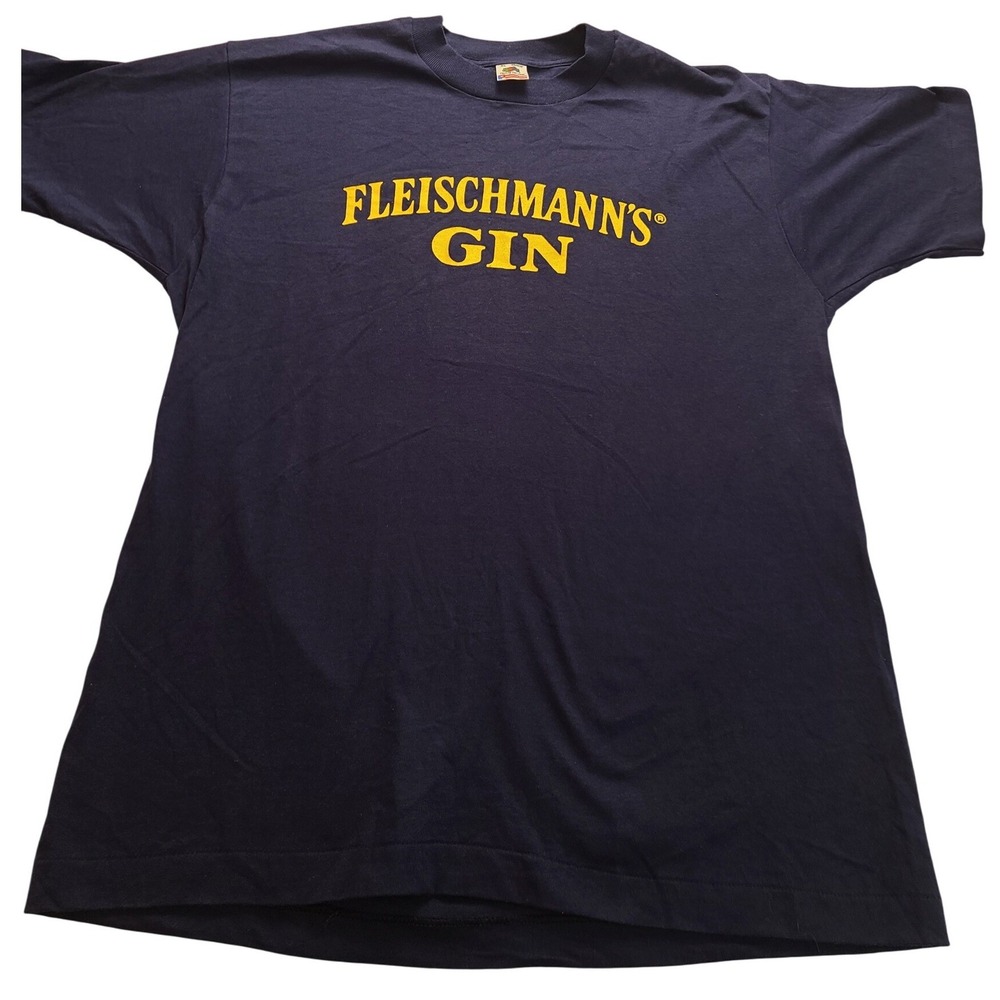 Vintage Fleischmanns Gin‎ T Shirt Men's XL Navy Blue 90s Fruit of the Loom USA